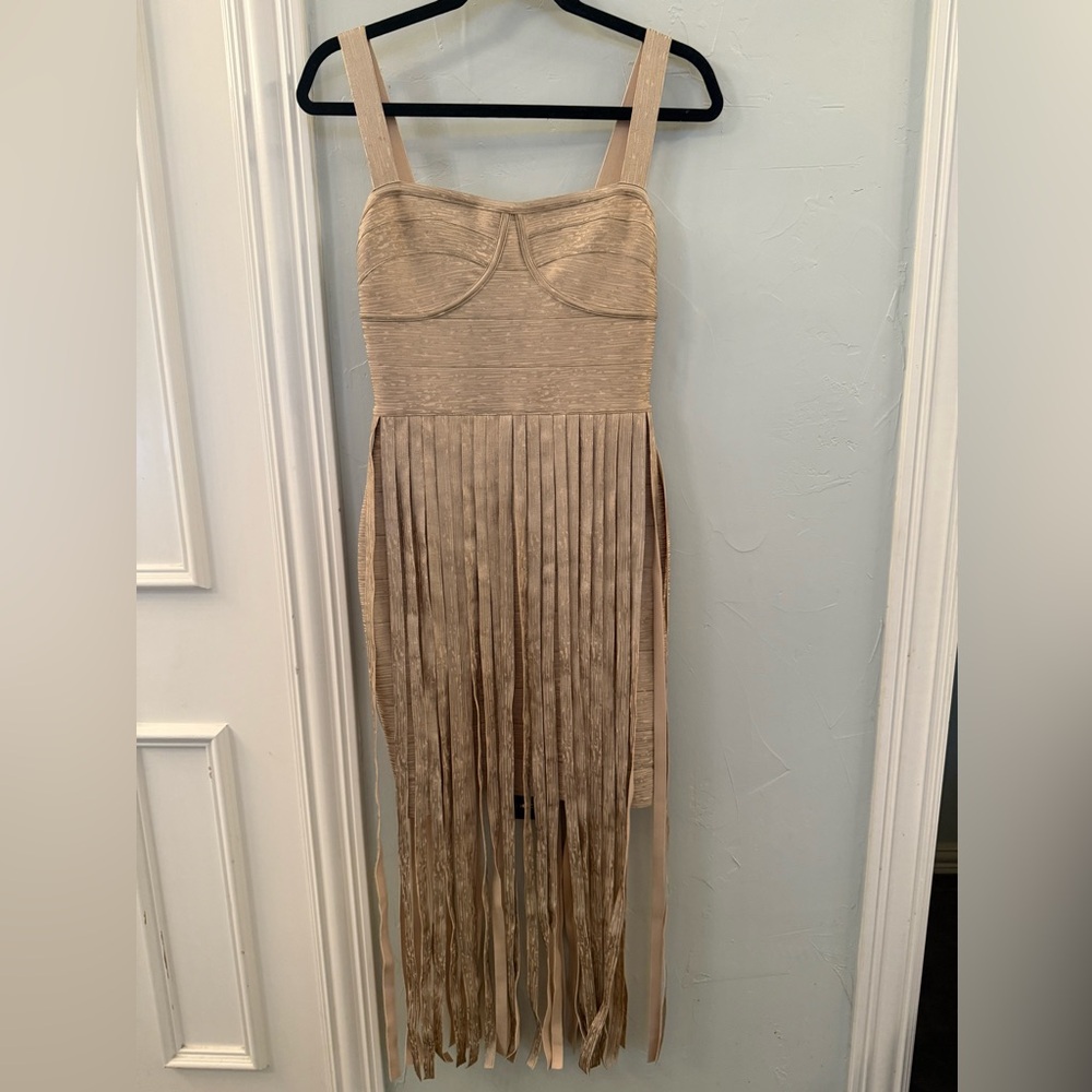 NWT!! Bebe Champagne Fringe Maxi Dress XS
